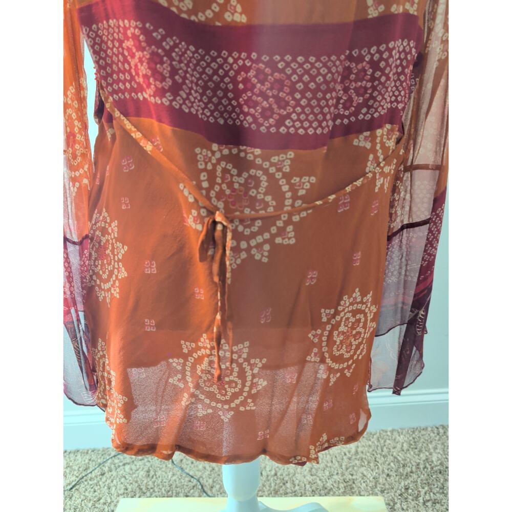 NYC Design Co. Sheer Embellished Tunic Top L Silk Blend Maroon Long Sleeve China - Picture 8 of 9